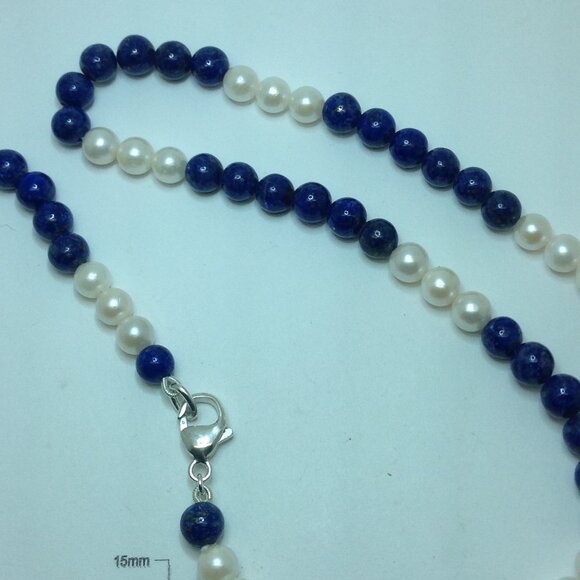 Cultured Pearl and Lapis Lazuli Necklace - Picture 6 of 6